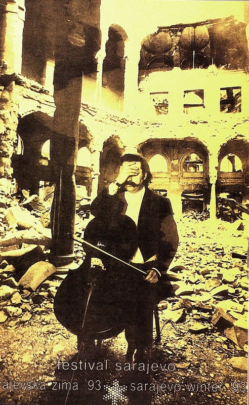 Poster from the Bosnian war, showing cellist Vedran Smajlovic in the destroyed National and University Library, Sarajevo, in 1993, advertising the Sarajevo Festival.