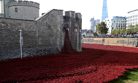 River of blood. Poppies round the Tower of London commemorating the British and Commonwealth dead of WW1