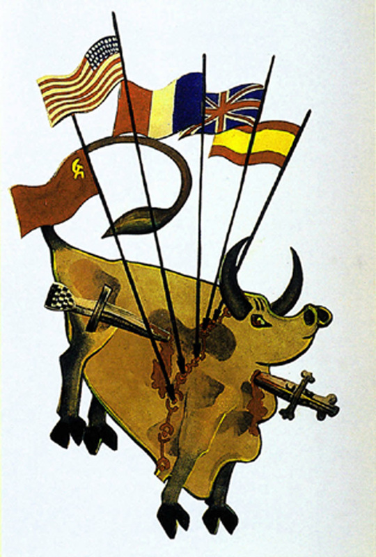 Poster from the Bosnian War showing Bosnia as a bull in a bullfight, pierced by Saerbia, Croatia and the international community, 1992