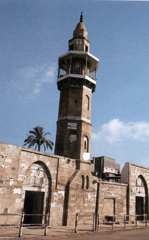 Shihab al-Din Ibn 'Uthman mosque, entrance and minaret built 1399-1400 CE, 802 Islamic date, Gaza City.
