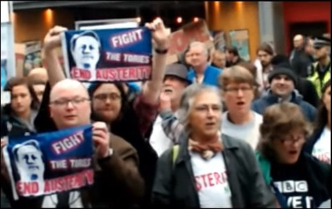 Flashmob greeting the Tory Party Conference train, Manchester, 2015 by singing the 'Bread and Roses' song