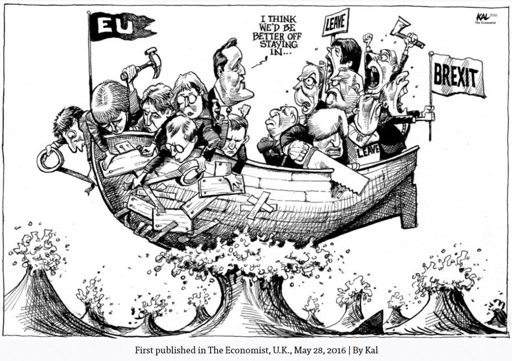 Cartoon about UK Brexit referendum, stay and remain groups seen in a rickety boat.
