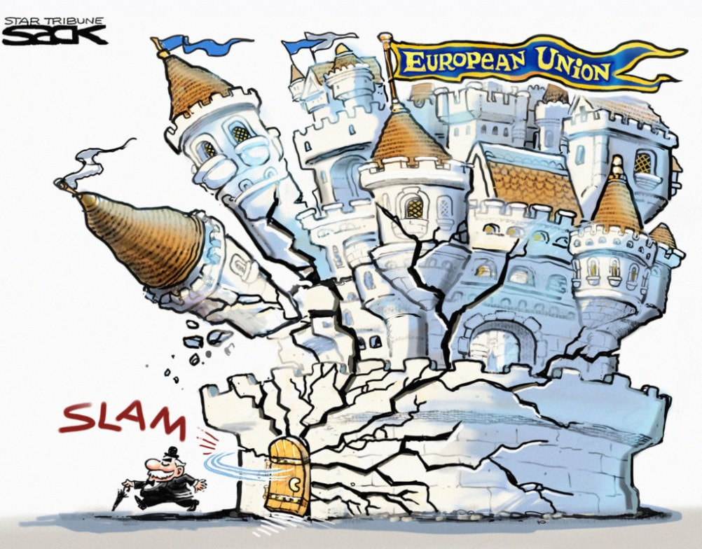 Cartoon showing the EU as a castle falling to bits as the British leave the Union.