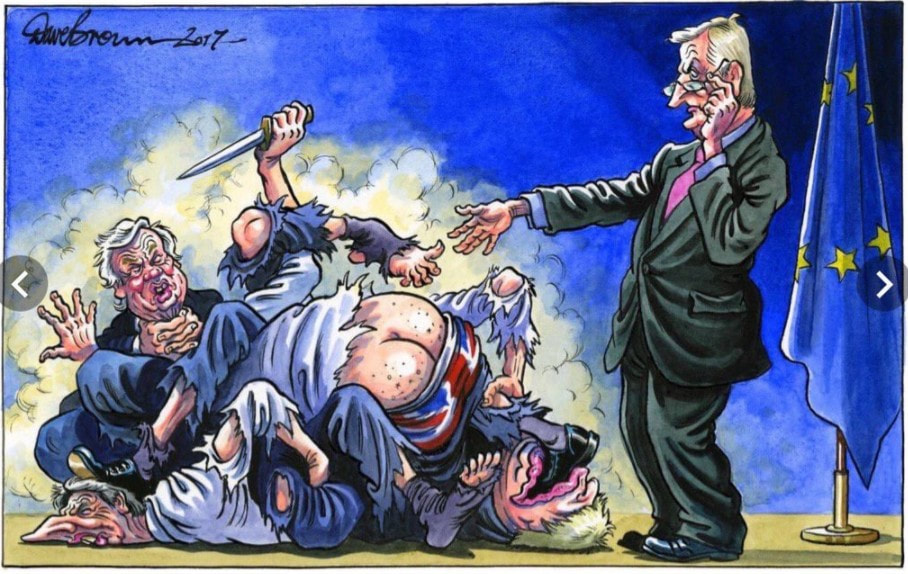 Cartoon indicating Brexit shambles as heap of Brexit negotiators fight with each other