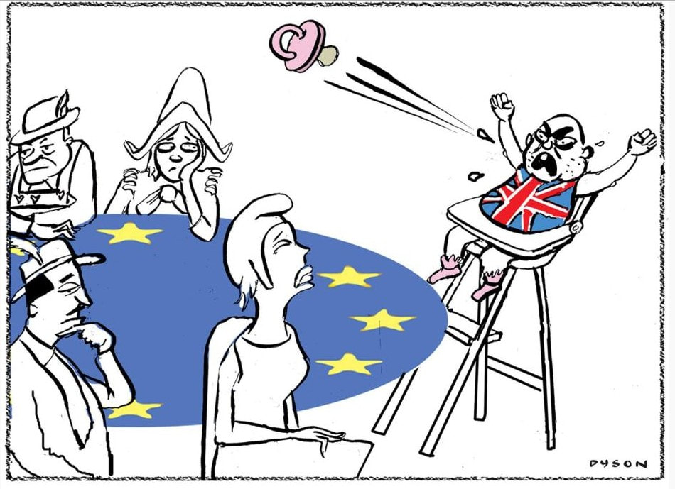Cartoon showing the UK as a bawling Brexit baby throwing its dummy away looked on in bemusement by EU representatives 