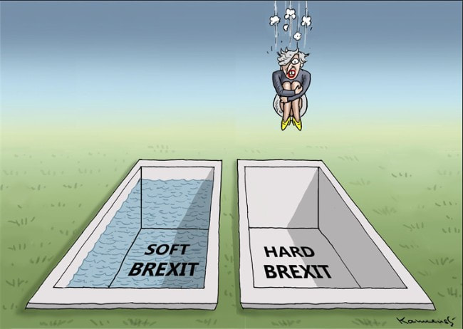 Cartoon showing may crashing down into a hard concrete Brexit tomb, next to a soft one, filled with water.