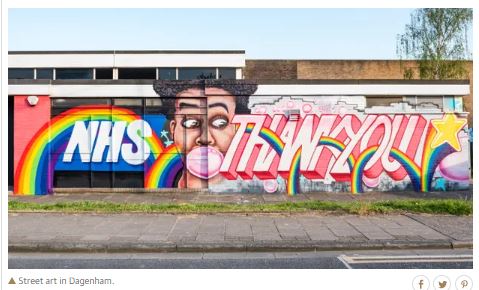 Street art in Dagenham, England, thanking the NHS staff for their work fighting Covid-19. Shows the rainbow image.