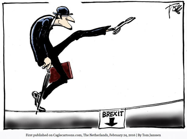 Cartoon by Tom Janssen showing traditional bowler-hatted Brit stepping gingerly on the Brexit high wire