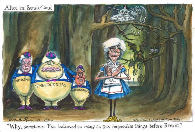 Cartoon of Prime Minister May as Alice in Wonderland with Brexit Ministers as Tweedledum and Tweedledee and Tweedledumber, in a Wonderland Wood.