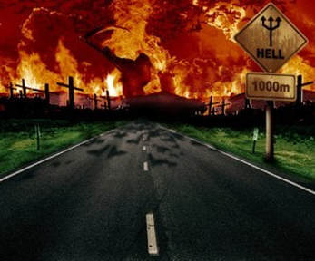 Depiction a road, lined with cemeteries, roaring flames ahead, signpost showing it is the road to Hell