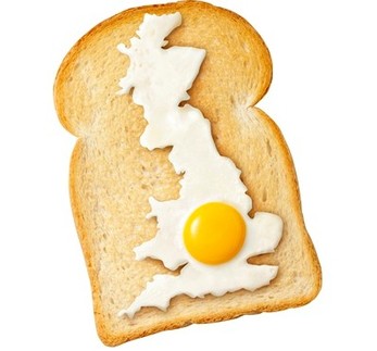 The UK cut out of a fried egg resting on a slice of toast. Toast meaning finished, ended, if Brexit brings Scottish independence, destroying the UK