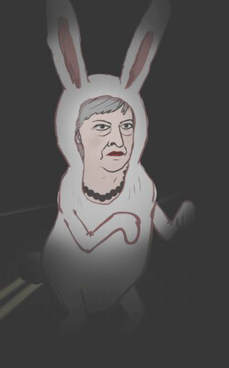 Cartoon showing Theresa May as a rabbit trapped in a car's headlights