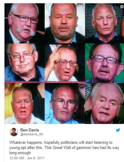 Photograph of the very pink/red faces of nine elderly men
