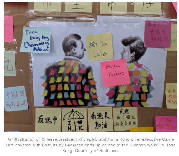 Image of China's President hand in hand with Carrie Lam, Hong Kong's CEO, back view, seen on a wall of Post-It notes.CEO 