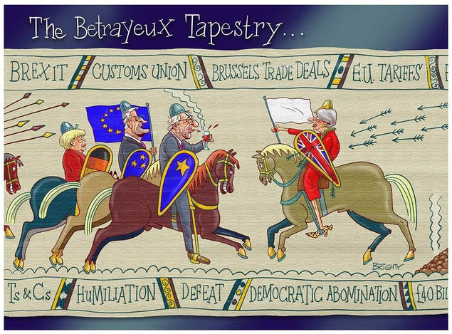 A cartoon in the style of the Bayeux medieval tapestry showing the Prime Minister waving a white flag riding towards the EU while being shot with arrows by unseen Brexiters claiming 'Betrayal!'