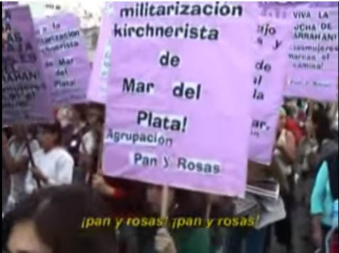 Still from video of a women's march, Argentina, 'Pan y rosas' groups
