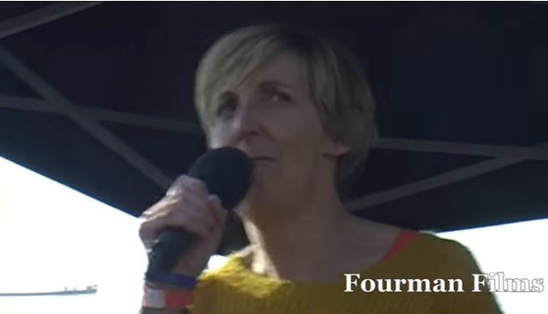 Julie Hesmondhalgh singing the 'Bread and Roses' song in protest at the Tory Party Conference, Manchester, 2015