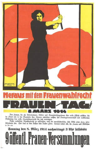 German poster advertising a meeting on women's suffrage, on March 8th, Women's Day, 1914