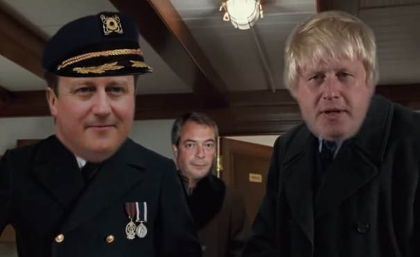 A shot from the video Brexit: a Titanic Disaster. Shown here David Cameron, Boris Johnson, with Nigel Farage peeking through