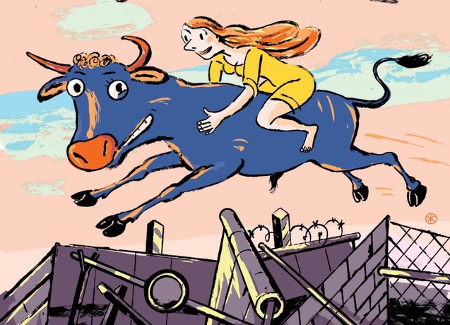Image by Thomas Müller 'Europe Means Overcoming Division And Separation', girl riding a bull over obstacles.       