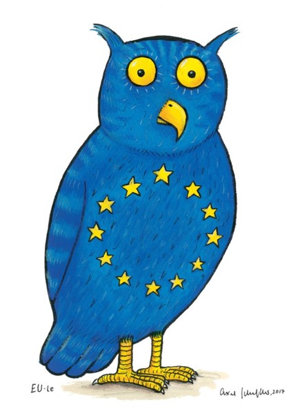 Image of a cartoon owl in EU blue with EU yellow stars. By Alex Scheffler