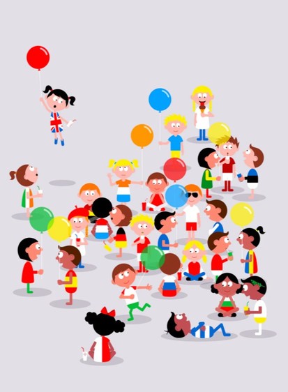 Image by Patrick George showing cartoon children from all EU countries playing as the British girl wafts away.
