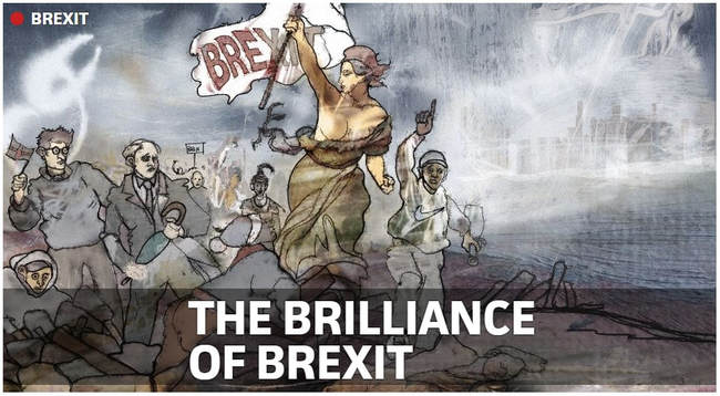 A possibly pro-Brexit image showing French Marianne with Brexit banner leading a group of people, presumably towards a brilliant future. 