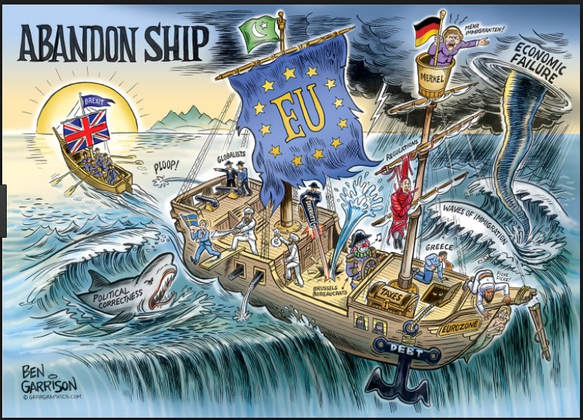 Pro-Brexit cartoon showing the EU ship about to go over the rapids while the UK one sails away towards the sun.