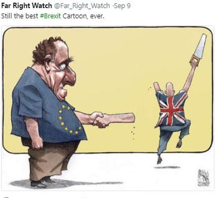 Cartoon of EU man still holding sawn off arm of UK man who is dancing merrily away holding his saw.