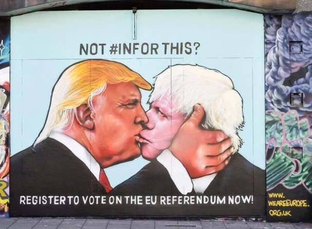Mural showing Donald Trump kissing Boris Johnson, UK's foreign Secretary.