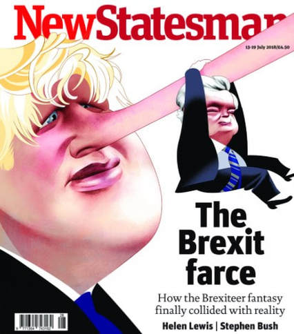 Cover of New Statesman journal 'The Brexit farca' illustrated by a cartoom image of Boris Johnso with a hugely extended nose, from which David Davis is swinging