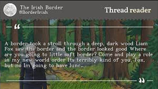 Illustration of the deep, dark wood of The Gruffalo story, showing Theresa May wandering through it, overlaid by the words of Irish Border's version.