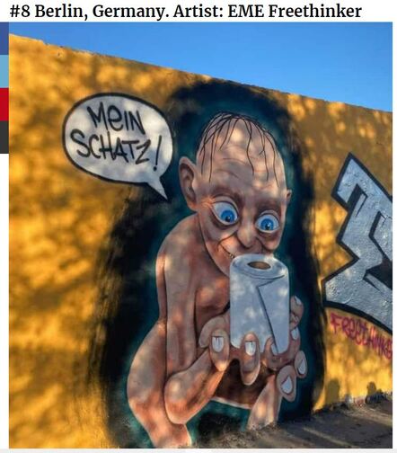 German street art showing the character Gollum gloating over his beloved toilet roll. Toilet paper became very scarce in some countries during the early months of Covid-19.