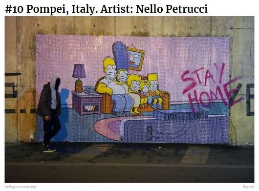 Covid steet art from Italy shows the Simpson family, masked, sitting at home with the message 