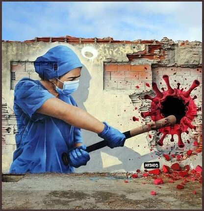 A Portuguese nurse in protective clothing smashes a cudgel against a coronavirus