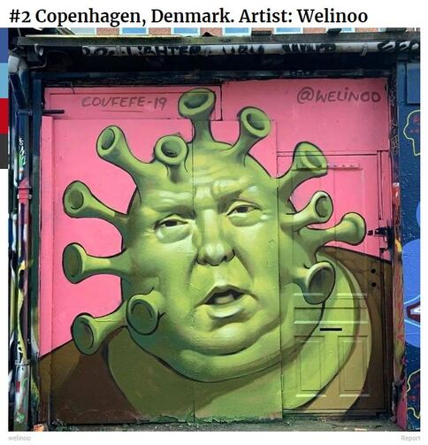 Donald Trump portrayed as a green coronavirus. Seen in Copenhagen, Denmark. . 