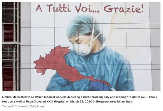 A mural showing a nurse in protective clothing, cradling Italy in her arms. The mural thanks the staff caring for Covid-19 patients during a very bad outbreak of Covid-19 in Italy.