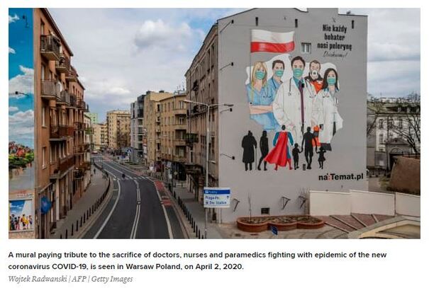 A large mural in Warsaw, Poland commemorating health workers who sacrificed their lives fighting Covid-19
