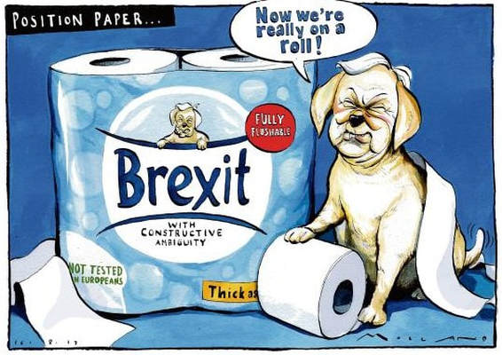 Cartoon of a pack of toilet rolls branded as Brexit, with constructive ambiguity, endorsed by a well-known puppy, now grown up