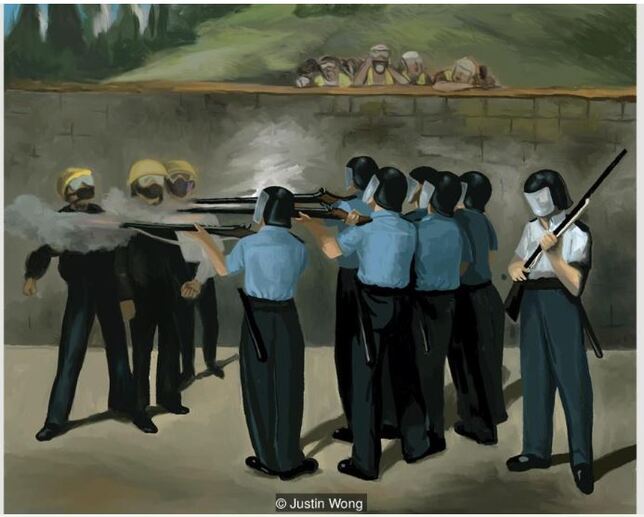 Painting by Justin Wong based on Manet's Execution of Emperor Maximilian. It shows modern police shooting three protesters. 